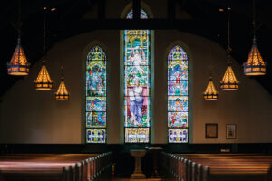 Interior of a church with stained glass windows