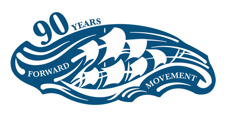 Forward Movement's 90th anniversary logo features a cutout design of a ship sailing through large waves.